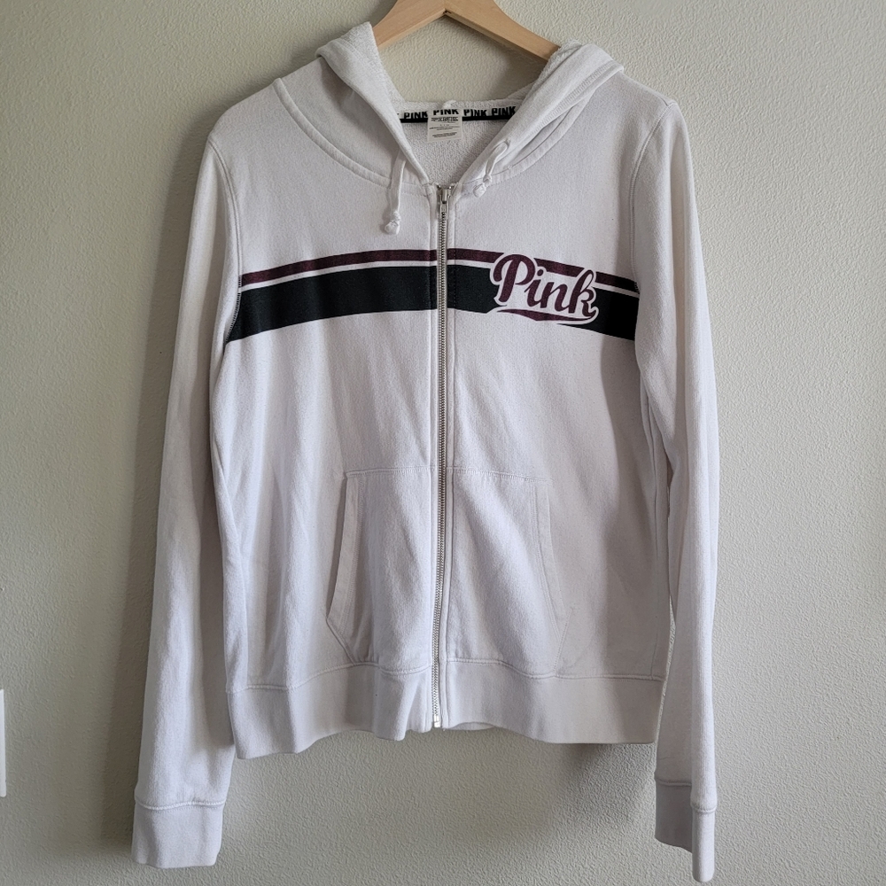 Victoria Secret Pink full zip hoodie, L, White and maroon